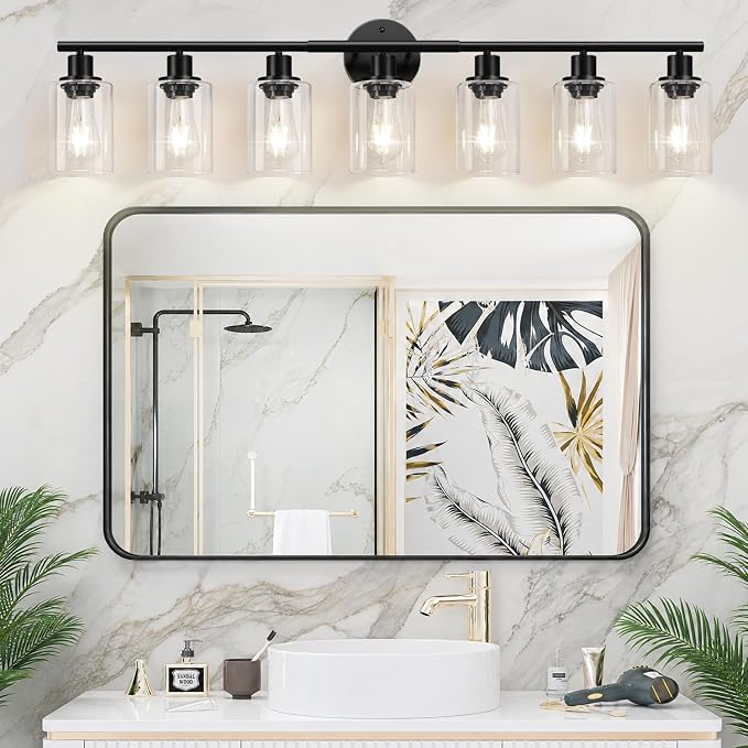 Zarbitta 7-Light Bathroom Light Fixtures, Black Modern Vanity Lights with Clear Glass Shade, Bathroom Wall Lamp, for Mirror, Kitchen, Living Room, Hallway, Cabinet