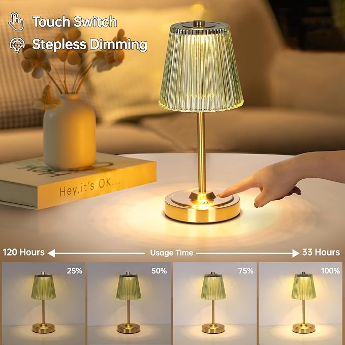 Shenmoyl Set of 2 Cordless Touch Table Lamp with 5200mAh Battery - 3 Adjustable Color Temperatures & Dimmable, Rechargeable Lamp for Bedsides, Living Room, Entryway, Bookshelves (Green Stripe)