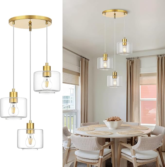 Brushed Gold Dining Room Chandelier Light Fixture, 3-Light Pendant Lighting with Clear Glass, Modern Kitchen Island Cluster Hanging Pendant Lights for Kitchen Dining Room, OS-YQ8153-3BGC
