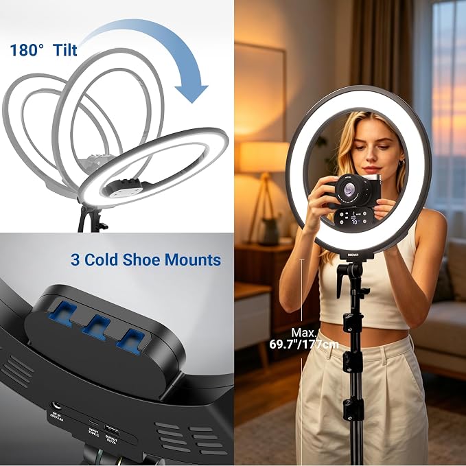 NEEWER 18" Ring Light, Wireless Professional Edge Lit Lighting with Tripod Stand, 45W 2900K-7000K CRI97+, 14.4V 3500mAh Battery, Phone Selfie Video Makeup Studio Streaming Photography, RB18B