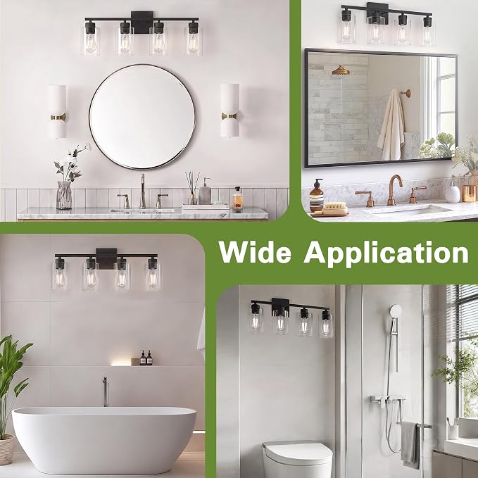 4 Light Bathroom Vanity Light - Matte Black Bathroom Light Fixtures UL Certification, Round Light Fixture Over Mirror, Farmhouse Light Fixtures for Bathroom & Bedroom