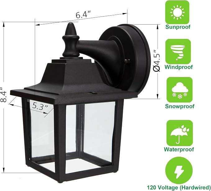 Outdoor Wall Light Fixture, Rustproof Aluminum, Glass | Exterior Porch Light Wall Sconce Lantern for House, Patio, Garage, Waterproof, E26 Socket 60W Max, Black, 1 Pack