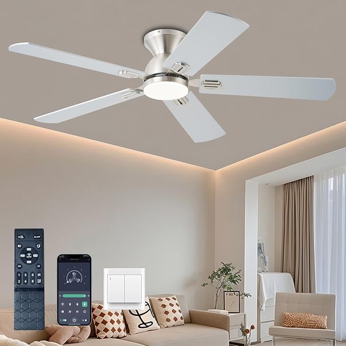 KNUN Ceiling Fans with Lights,52 Inch Low Profile Ceiling Fans with Remote Control and App,3 Color Dimmable LED, 6 Speeds DC Reversible,Noiseless, Flush Mount Ceiling Fan for Bedroom, Outdoor Patio