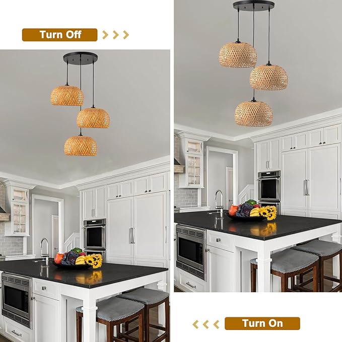 3 Light Open Weave Ceiling Hanging Fixture, Bulbs Not Included | Rustic Bamboo Pendant Light, Wicker Basket Shades, Adjustable 59", Hanging Lamp for Kitchen island Dining Table stairwell