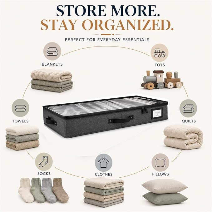 Under Bed Storage, Low Profile 2pc with Lid, Dark Gray | Slim fit for low-clearance beds & couches, Fits seasonal clothes, blankets & shoes, Bins with lids, Space-saving storage