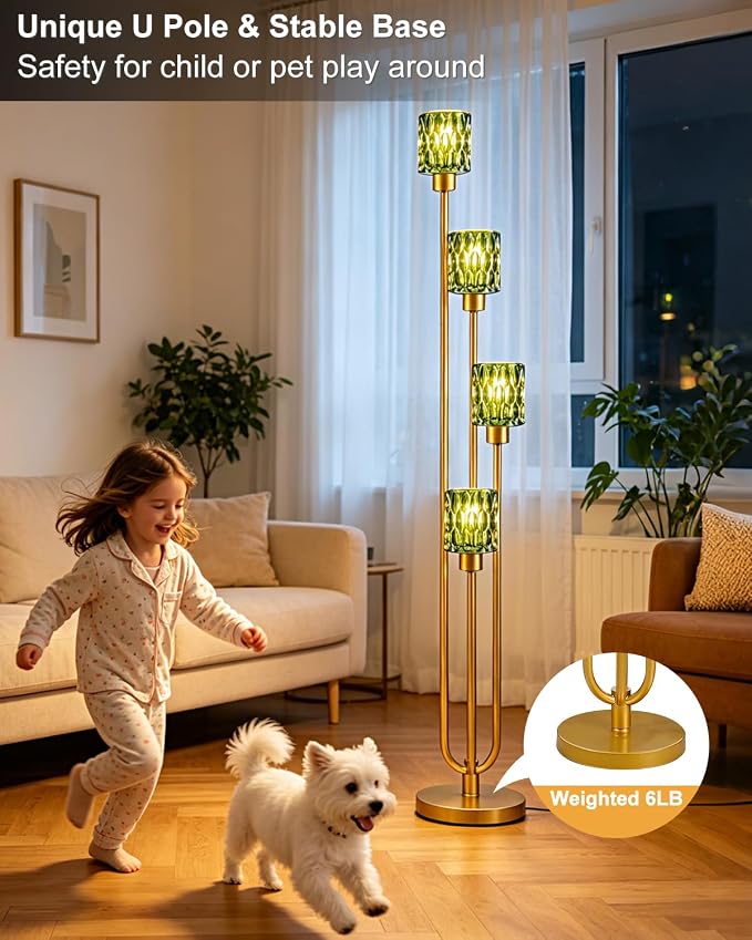 Vintage 4-Light Green Glass Floor Lamp, Dimmable Gold Standing Tall Lamp for Reading, Mid Century Modern Floor Lamp for Living Room Bedroom Home Office Corner Decor, Bulb Included