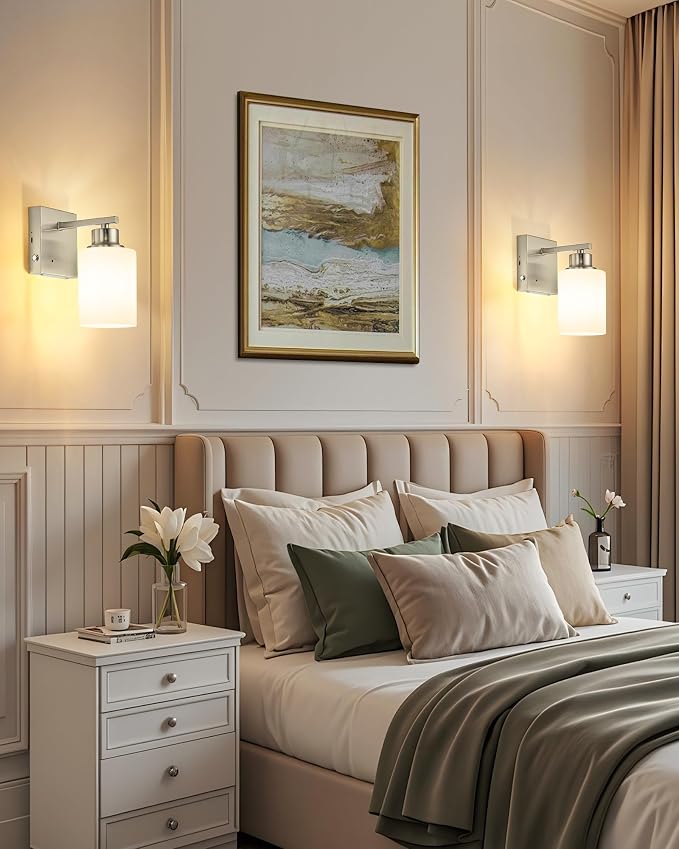 Wall Sconces Battery Operated Set of Two, Modern, White Glass, Nickel | Dimmable, Easy Install Rechargeable Wall Lights with Timer Remote for Living Room Bedroom, Emergency 3000K