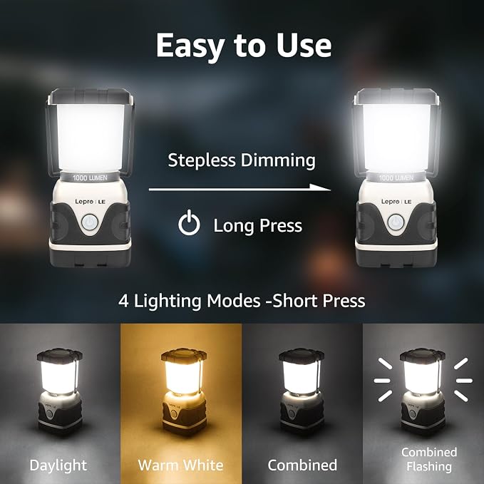 Lepro 1000LM Battery Powered LED Camping Lantern with 4 Light Modes, White | Waterproof Tent Light, Camping Essentials, Lantern Flashlight for Camping, Emergency Light, Power Outages, Not Rechargeable