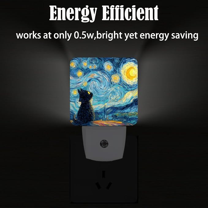 Starry Night Cat Night Light,Plug-in Nightlights Auto Sensor Night Lamp Dusk-to-Dawn Lamp Home Decor for Nursery Children Girls Boys