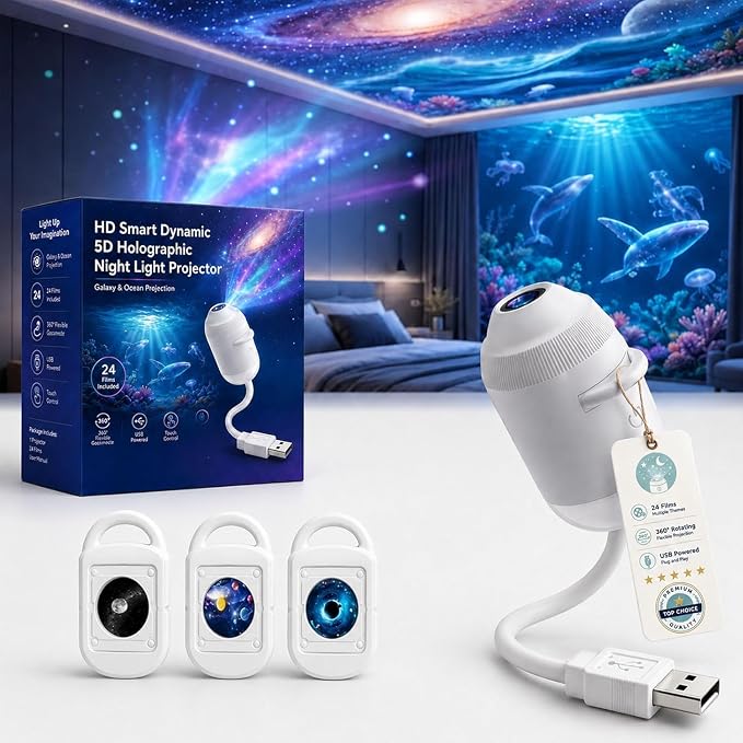 2027 New Hd Smart Dynamic 5d Holographic Night Light Projector, Plug and Play Hd Star Projector, 360° Adjustable Hd Galaxy and Ocean Projector for Bedroom Ceiling