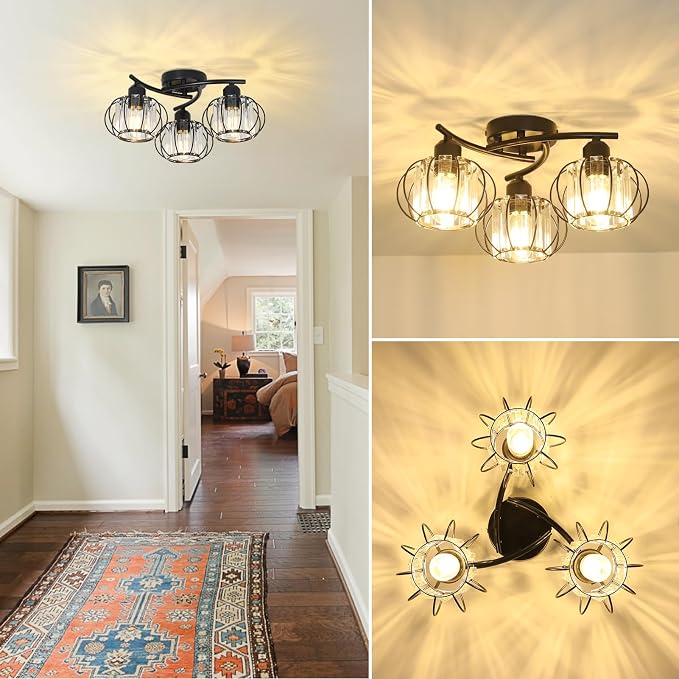 PAUFUL 3-Light Crystal Semi Flush Mount Ceiling Light,Black Modern Close to Ceiling Light Fixtures,Kitchen Light Fixtures with Clear Crystal Shade,Hallway Light Fixtures for Hallway Bedroom Bathroom