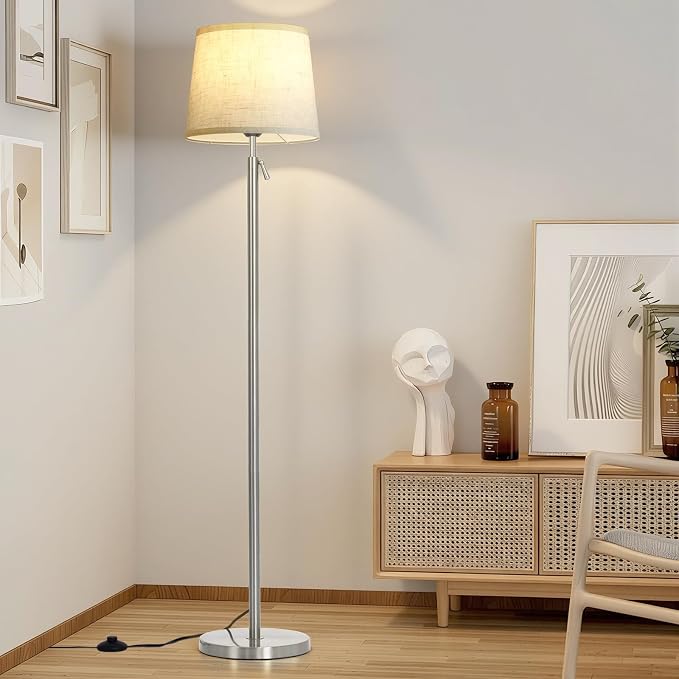 Floor Lamp Height Adjustable with Remote Control for Living Room Silver | Height adjustable 55" to 67" Silver Standing lamp Bright Dimmable 12W Bulb with Remote for living room bedroom corner