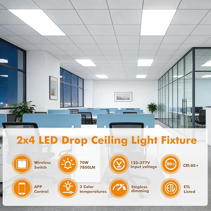 2 Pack 2x4 LED Flat Panel Recessed Light 70W 7700LM, Wireless Switch APP Control, 3000K/4500K/6500K Adjustable Night Mode Ultra-Thin LED Lighting for Office Garage School