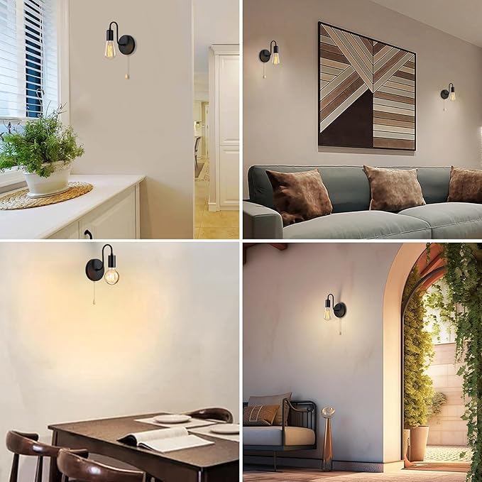 Pull Chain Wall Light Fixture 1-Light Wall Sconce with On Off Switch Hardwired Black Wall Sconces Indoor Vintage Industrial E26 Wall Lighting for Bedroom Hallway Bathroom, Bulb not Included