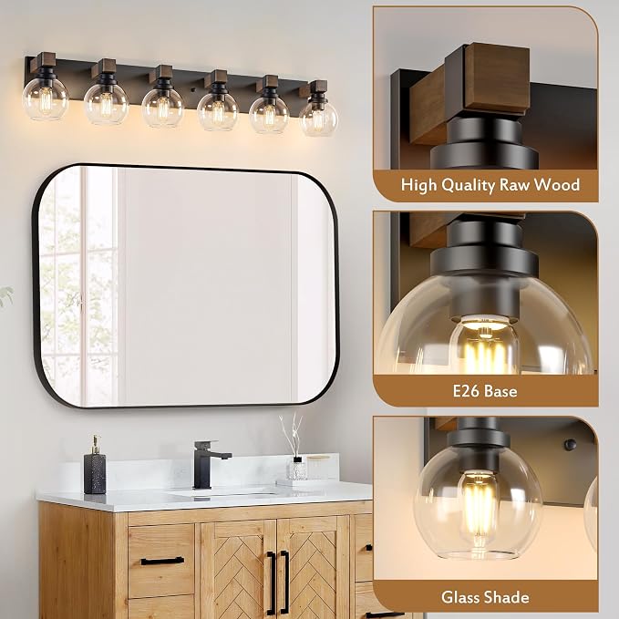 LmnLvn Bathroom Light Fixtures, Farmhouse Wood & Metal with Globe Glass | 6-Light Rustic Vanity Lights,Easy To Install, Mounted Over Mirror for Bathroom, Bedroom & Hallway