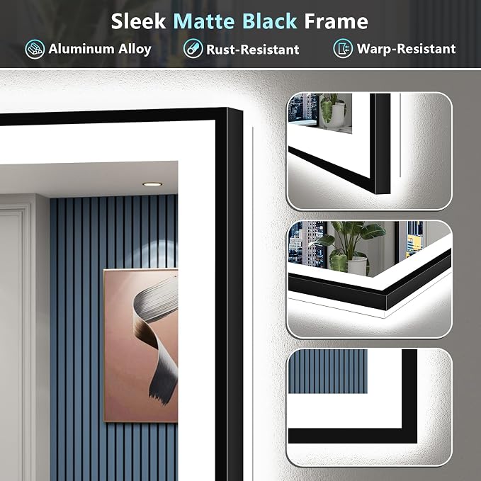 50x32 Black LED Bathroom Mirror, Backlit & Front Lit Lighted Mirror | Metal Framed Anti-Fog Vanity Mirror with Lights, 3 Color Dimmable, Memory, HD Tempered Glass, CRI95, UL Listed, Wall Mounted