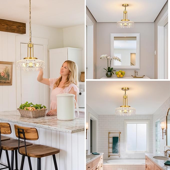 Vintage 3-Light Pendant Lights Kitchen Island, Gold Brushed Metal & Clear Glass Ceiling Pendant Light, Adjustable Gold Chandelier Light Fixture Over Dining Table ,Bathroom, Breakfast, Hallway, E12*3