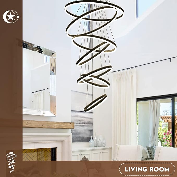 XGZL·LIGHTING 7-Rings Modern LED Chandelier Black D31.5’’ Contemporary High Ceiling Foyer Chandeliers Large with Remote Entryway for Living Room Entrance Staircase, 3000K-6000K