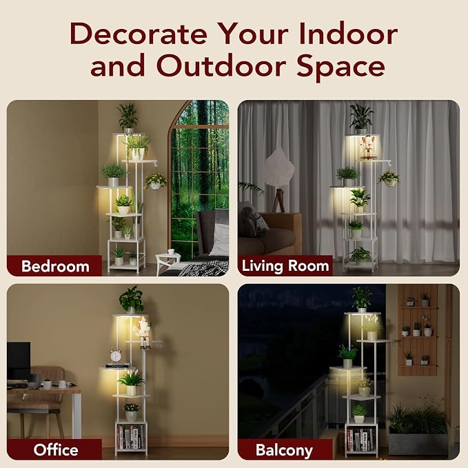 Plant Stand Indoor with Grow Light - 6-Tier Metal Plant Shelf with Hanging Basket Hook, Corner Tall Flower Holder for Multiple Plants, Living Room Balcony Garden Patio, White