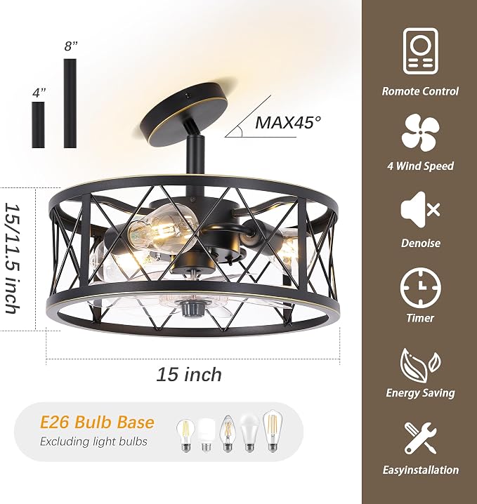 REDSTAR 15" Caged Ceiling Fans with Lights and Remote Flush Mount, Black Round Industrial Ceiling Fan Light Fixture, Small Bladeless Ceiling Fan for Bedroom, Kitchen, Indoor