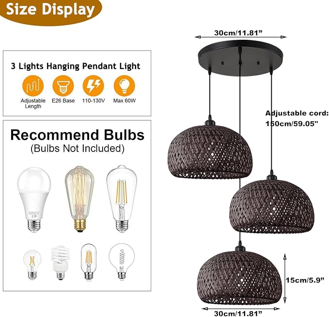 Black Bamboo 3 Light Fixtures Cluster Rattan Pendant Light Hand Woven Wicker Chandelier Boho Ceiling Hanging Light for Kitchen Stairway Hallway Dining Room Foyer