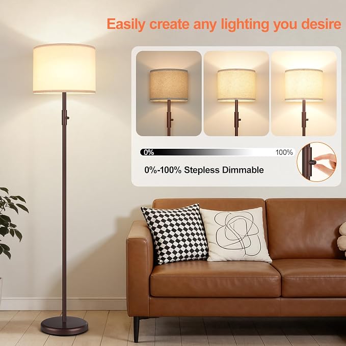 【Upgraded】 Dimmable Floor Lamp, Modern Floor Lamps for Living Room, Standing Lamp with Linen Shade, Tall Lamp for Bedroom Office Dining Room- Brown