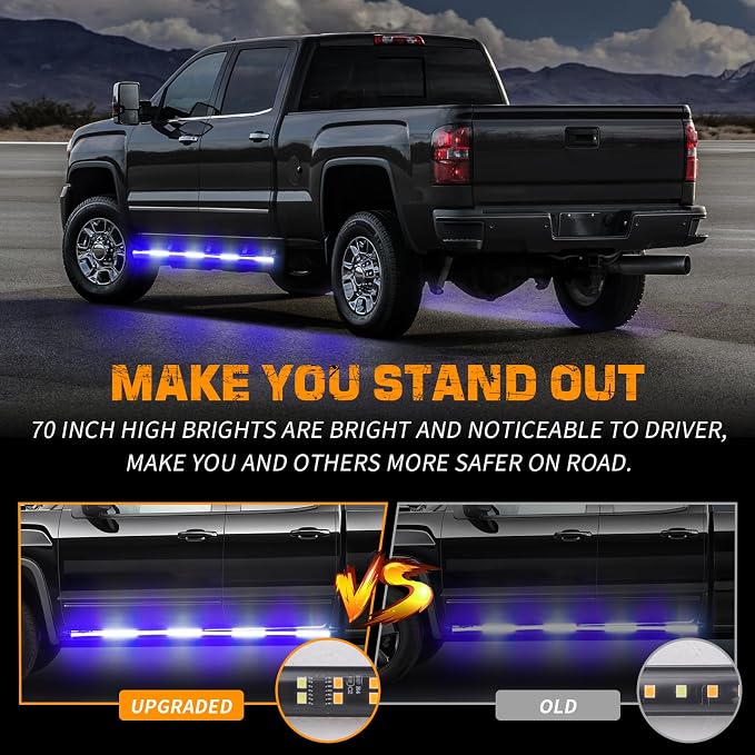 2-Pack 70-inch Blue White Emergency Lights Running Board Lights | 864 LED Hazard Flashing Warning Safety Waterproof Flexible Strobe Light Strip for Vehicles Trucks Pickup