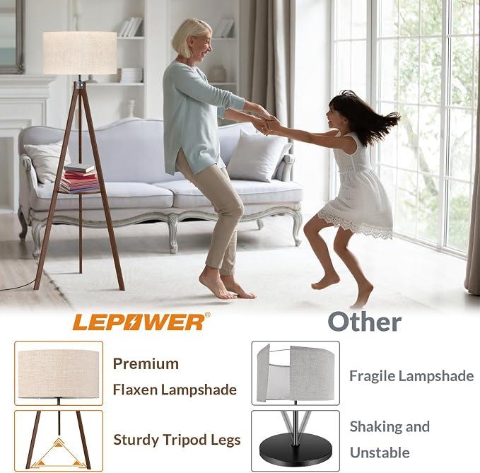 LEPOWER Shelf Floor Lamp Tripod Mid Century Modern Lamps for Living Room | Light-Diffusing Linen Shade, Premium Rubberwood, E26 Base, Foot Switch, Adding Warmth to Bedroom, Office & Study Corner Dark