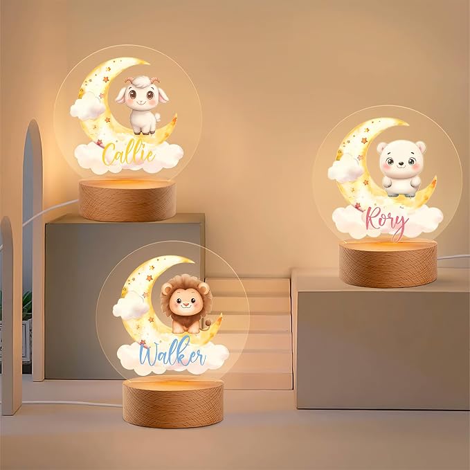 Personalized Cute Animals Acrylic Night Light, Custom Name LED Light for Nursery 48 Patterns Option Gift for Kids