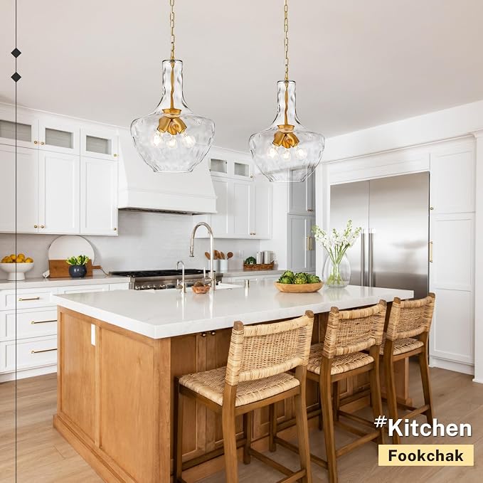 Modern 3-Light Gold Pendant Light Hammered Glass Kitchen Island Light Large Glass Pendant Lights Over Sink Brass Hand-Blown Glass Hanging Light for Kitchen Dining Room Hallway Entrance