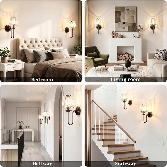 Black Battery Operated Wall Sconces Set of Two, Crystal Wireless Rechargeable Wall Lights with Remote, Dimmable 3 CCT and 12 RGB Cordless Wall Lamps for Bedroom Living Room Hallway Decor