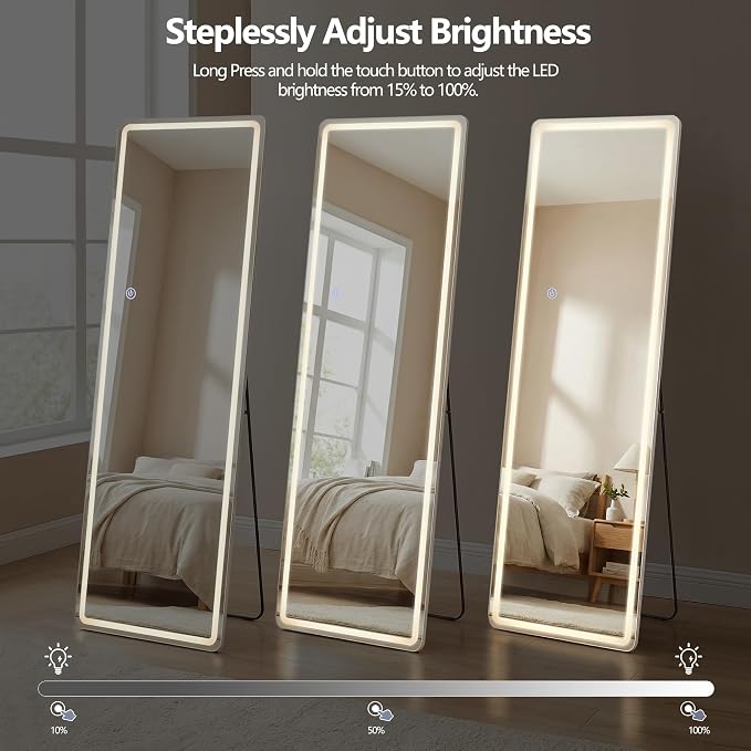 64"x21" LED Full Length Mirror with Lights - Full Body Floor Mirror, Dimmable with 3 Color Temperature, Memory Function, Standing Leaning Wall Mounted Vanity Mirror for Bedroom Cloakroom