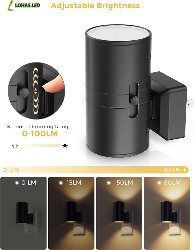 L LOHAS LED Night Light Plug in, Night Lights Plug into Wall, Soft White | Dusk to Dawn Sensor, 0-100LM Adjustable Brightness, Modern, Dimmable Night Lights for Hallway Bedroom Stairway, 2 Pack