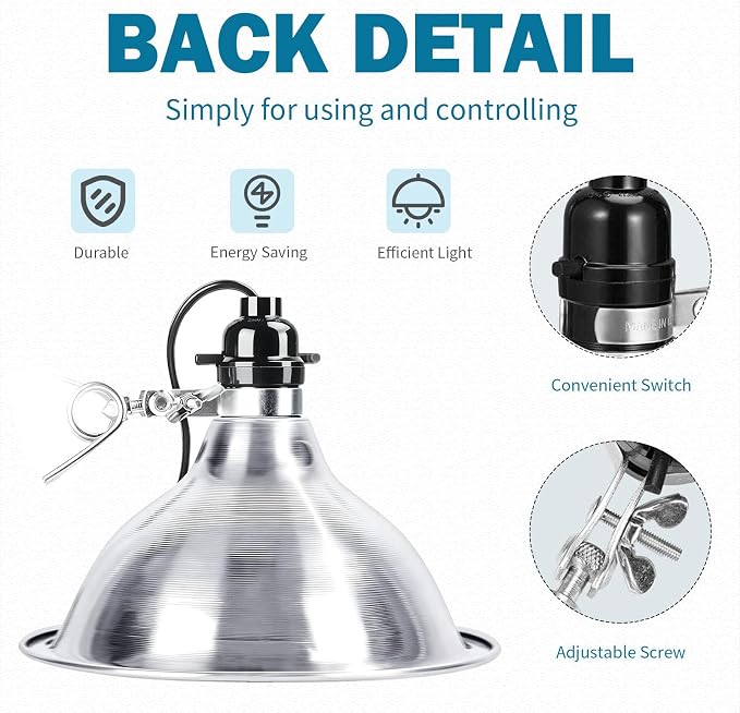 EP Clamp Lamp Light with Detachable 8.5 Inch Aluminum Reflector, 150 Watt E26 Socket (No Bulb Included), 8 Foot 18/2 SPT-2 Cord Cord, 1 Pack