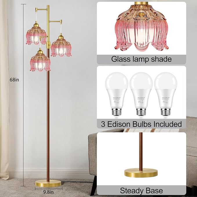 Vintage Floor Lamps for Living Room 3 Light Glass Floor Lamp with 3 Color Temperatures, Dimmable Flower Floor Lamp Gold Mid Century Modern Standing Lamp Tall Tree Wood Floor Lamp for Bedroom Corner