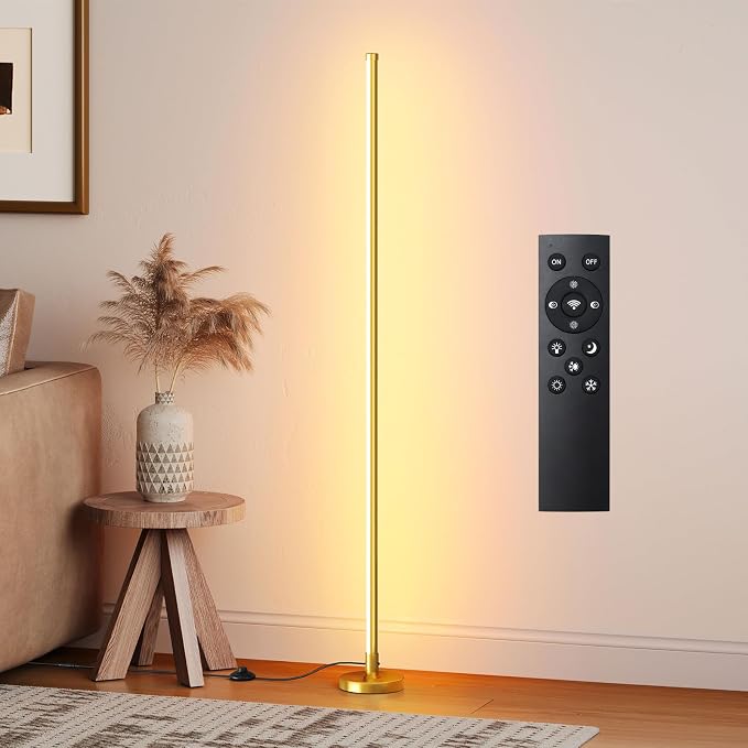 Corner Lamp,Minimalist LED Floor Lamp,Gold,1 Pack | Remote Control, Dimmable, 24 W, 7 Color Temperature 3000K-6000K, For Living Room, Bedroom, Home Office