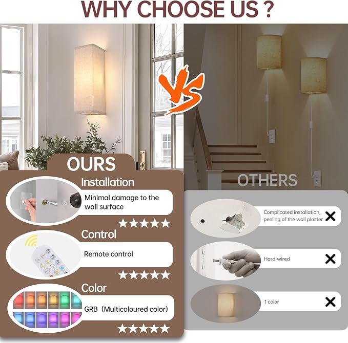Shenmoyl 2-Pack Rectangle Wall Sconces, Battery Operated with 6000mAh Rechargeable Bulb, 12 RGB Colors & Dimmable, Stick on Wall No Drill, Timer Function, Linen Shade for Bedroom Living Room Decor