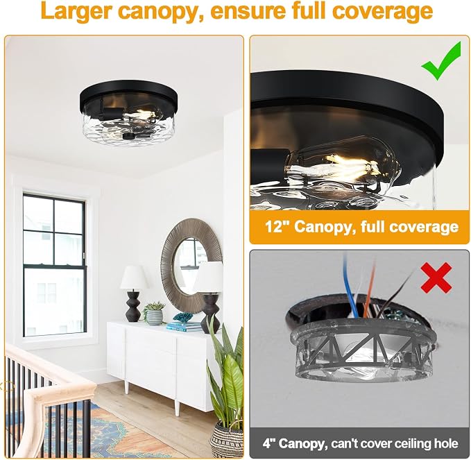 szzgco Flush Mount Ceiling Light Fixtures, 2-Light Black Ceiling Mount for Farmhouse with Water Ripple Glass Lampshade, Industrial Flush Mount Light Fixture for Hallway, Kitchen, Entryway and Foyer