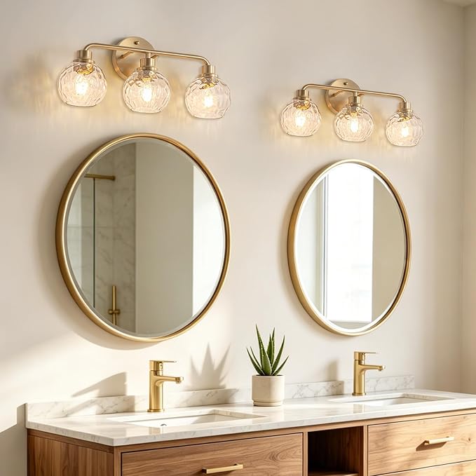 Bathroom Light Fixtures Gold Vanity Light 3 Light Brushed Brass | Wall Sconces Lighting with Hammered Globe Glass Shades Bath Wall Lamp for Mirror Living Room Bedroom Hallway