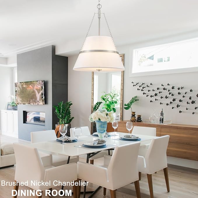 20" Brushed Nickel Drum Chandelier for Dining Room Linen Pendant Light | Modern Transitional, Large Fabric Drum Design, 4-Light, 3 Side Chains, for Kitchen Island,Adjustable Height,19.69"W × 26.38"H
