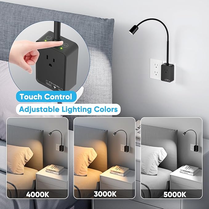Plug in LED Spot Wall Reading Lights, 2 Pack Black Flexible LED Wall Lamps with Power Plug, Outlet Extender, Touch Dimmable Switch, 3 Color Temperature Modes, USB Output Charging Ports
