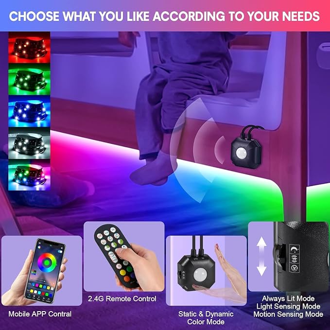 Motion Sensor Under Bed Lights,2x13.12Ft RGB LED Strip with RF Remote & APP | 5V Music Sync Color Changing LED Lights with Constant On,Motion Activated,Light Sensing 3 Modes for Bed Stair