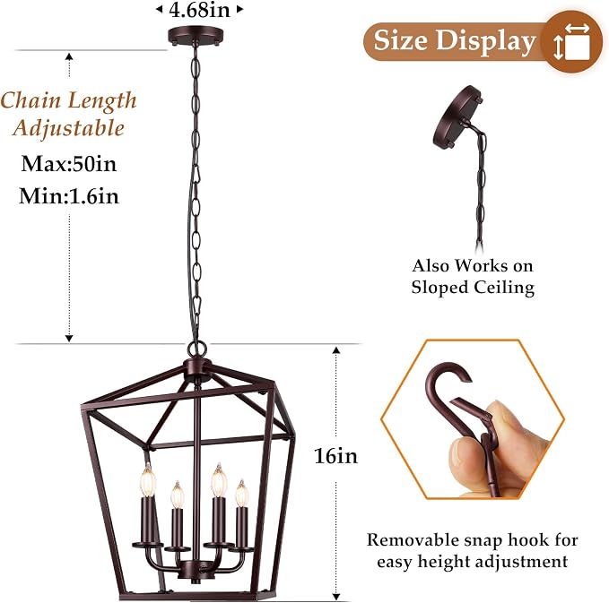Oil-Rubbed Bronze Rustic Chandelier, Foyer Lighting Fixture for Dining Room | Industrial Kitchen Lantern chandelier Over Table, Pendant Island Ceiling Light for Entryway, Metal Cage Adjustable Height