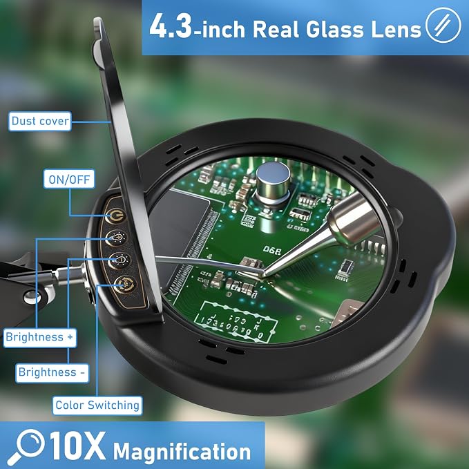 10X Magnifying Glass with Light and Stand, Black 4.3" Helping Hands Soldering Station with 4 Flexible Helping Arms, 5 Color Mode, 10 Dimmable Levels for Electronics Repair, Jewelry, Hobby
