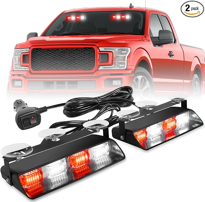 HLauto 2002L Emergency Dash Strobe Lights: Red White Safety Lights, Flashing Warning Hazard Windshield Visor Traffic Light Bars for Trucks, Construction Vehicles (2x8.5 inch, 48LED)