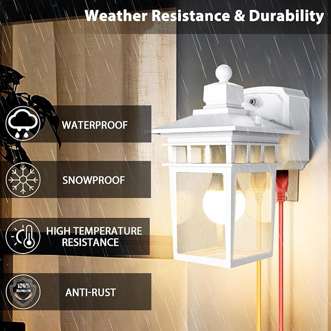 White Outdoor Porch Lights with GFCI Outlet,Dusk to Dawn Outdoor Lighting Work with Security Camera,Aluminum Exterior Outdoor Wall Lights Fixture,Waterproof Outside Lights for House,Bulb not Included