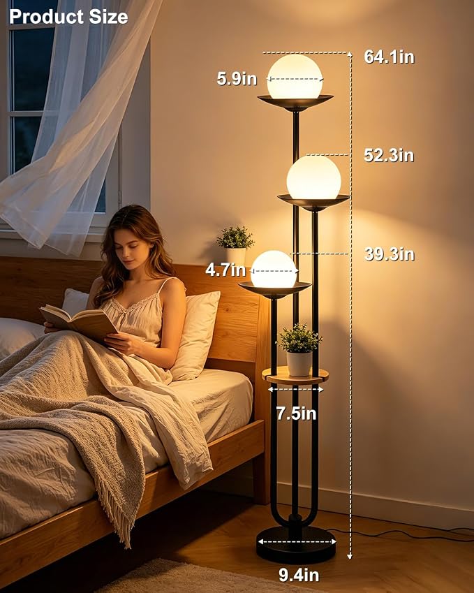 3-Globe Floor Lamp with Table, 63IN Mid Century Modern Floor Lamps Dimmable with 3000K Warm White Bulbs for Wedding/Party, Black Tall Standing Lamp for Living Room/Bedroom/Home Office