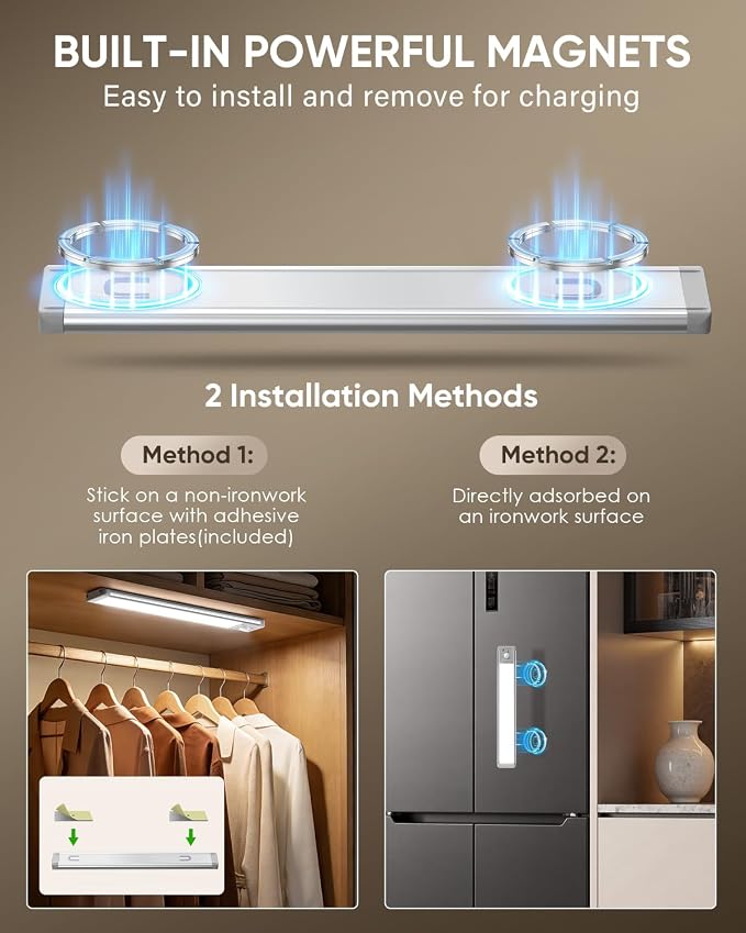 MCGOR 5 Pack 10inch Under Cabinet Lighting, Rechargeable Motion Sensor Light Indoor with 3 Color Temps, Dimmable Magnetic Led Closet Lights, Wireless Under Counter Lights for Kitchen, Stairs