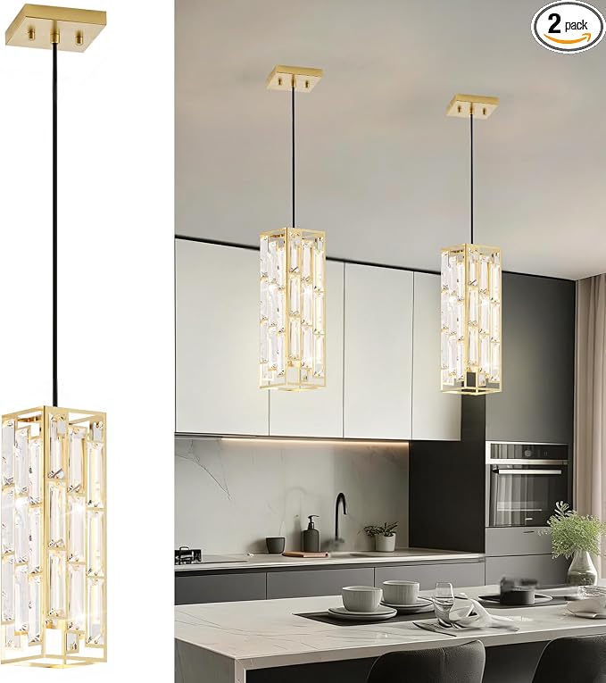 Gold Pendant Lights, Modern Pendant Light Kitchen Island, 2 Pack Mini Crystal Chandeliers for Dining Room Bedroom Foyer Hallway