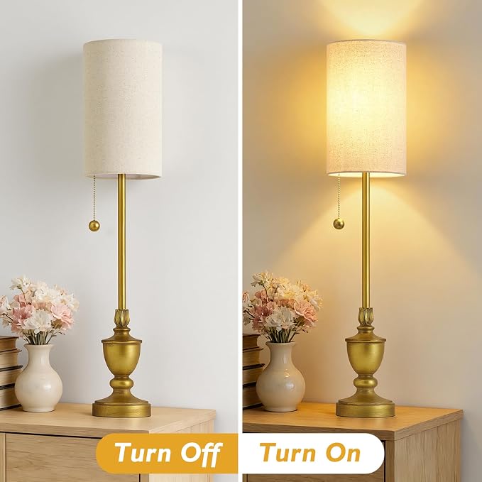 EJIAXIN Buffet Table Lamps Set of 2-28" Tall Skinny Brass Finish Resin Table Lamp for Living Room - Farmhouse Candlestick Lamp with Pull Chain for Console Table,Dining Room,Entryway,Hallway,Bedside